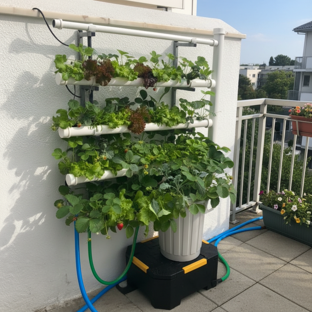 Pack Hydro 40 Vertical fijo Huerto vertical en tubos blancos con plantas verdes y fresas en terraza con barandilla blanca