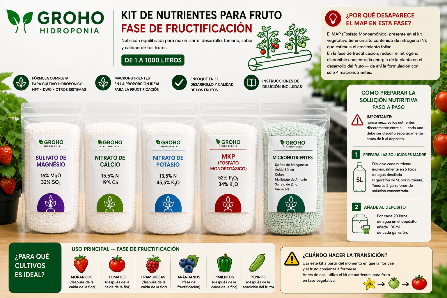 Kit de Nutrientes para Fruto — Fase Fructificación | 1 a 1000L Kit de nutrientes para cultivo hidropónico en bolsas con etiquetas y texto en español