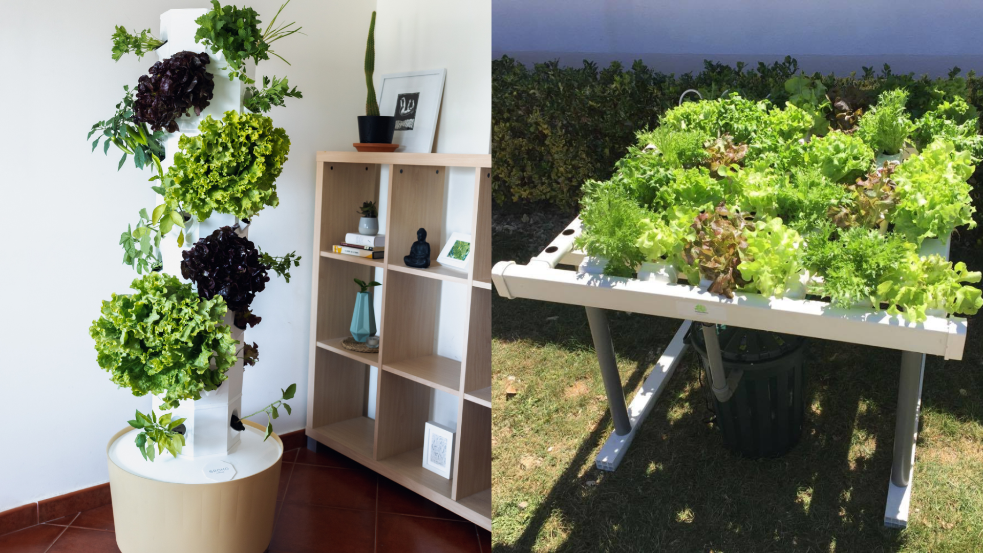 sistema hidropónico vertical com plantas verdes e roxas num vaso branco e sistema hidropónico horizontal com alfaces verdes num jardim