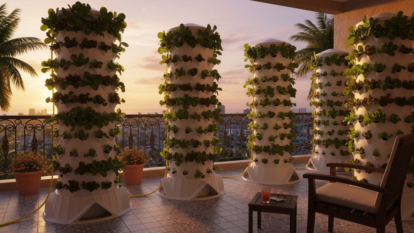 Torre Hidroponía Vertical - 120 plantas Sistema de cultivo vertical con torres blancas y plantas verdes en un balcón al atardecer.