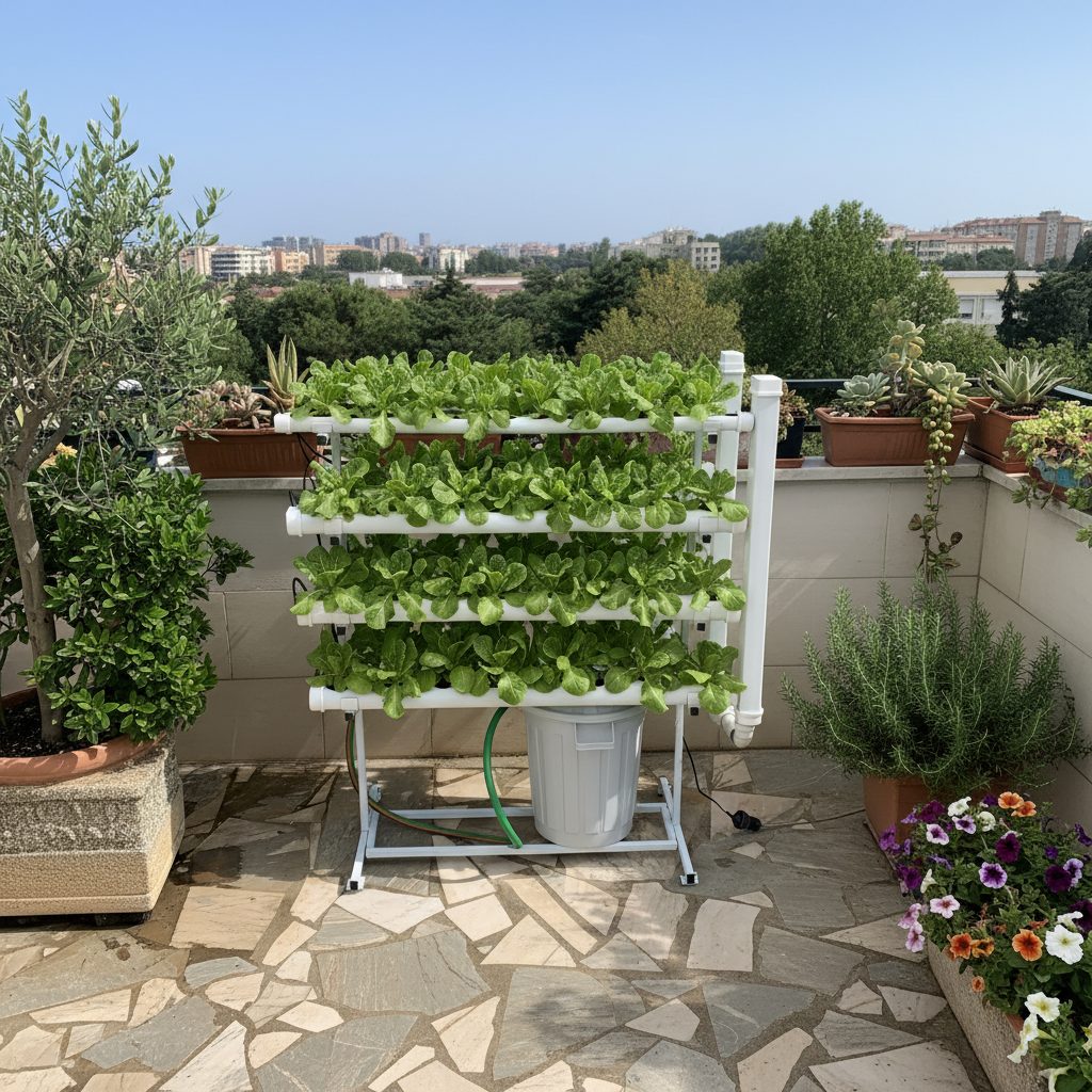 Pack Hydro 70 Vertical Móvil – Kit Hidroponía Vertical 70 Plantas Sistema de cultivo hidropónico con plantas verdes en balcón con macetas y flores