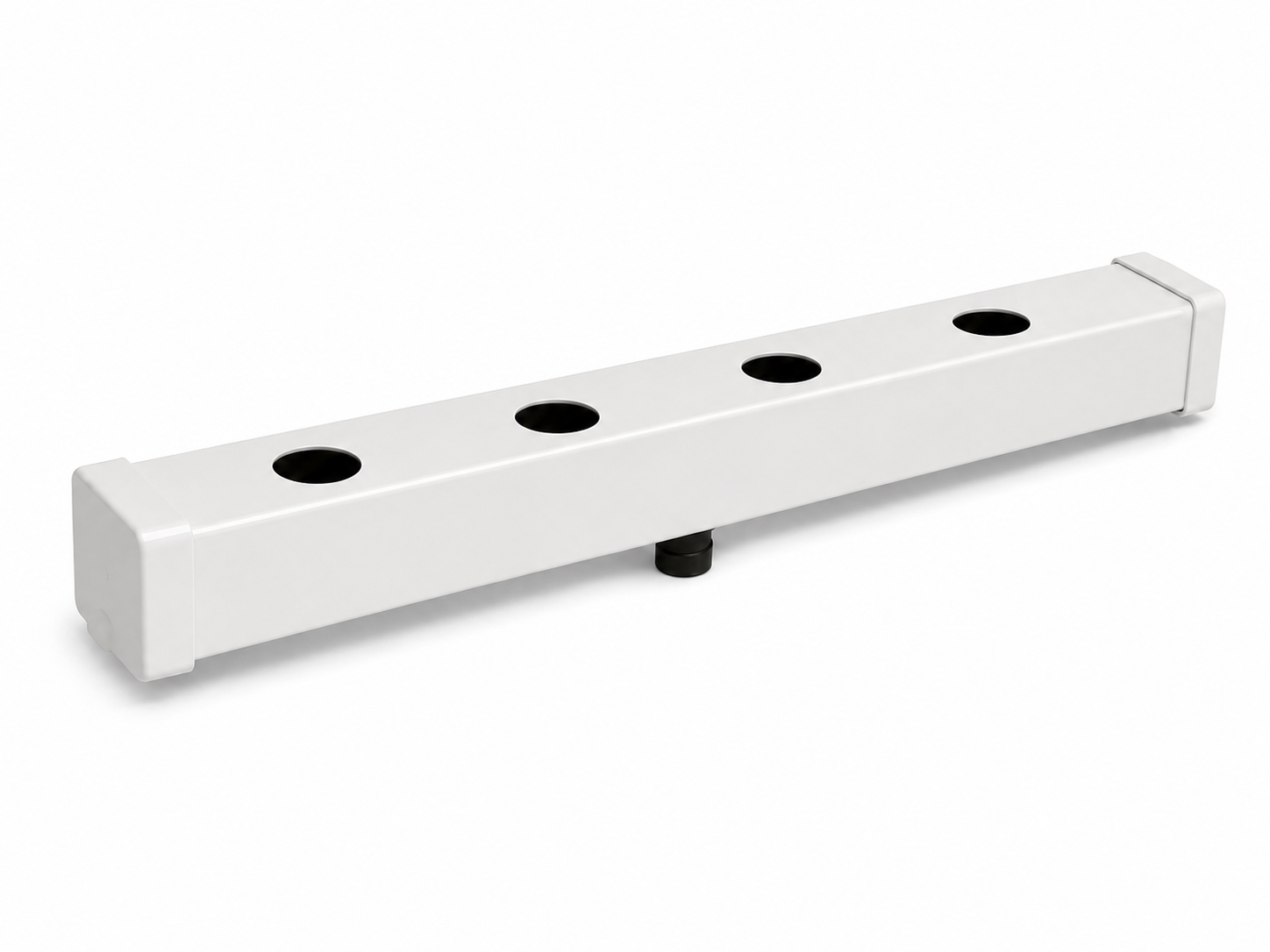 Colector de Descarga para Perfiles de Semillero 49mm — 4 Líneas Tubo blanco alargado con cuatro orificios redondos y borde cuadrado