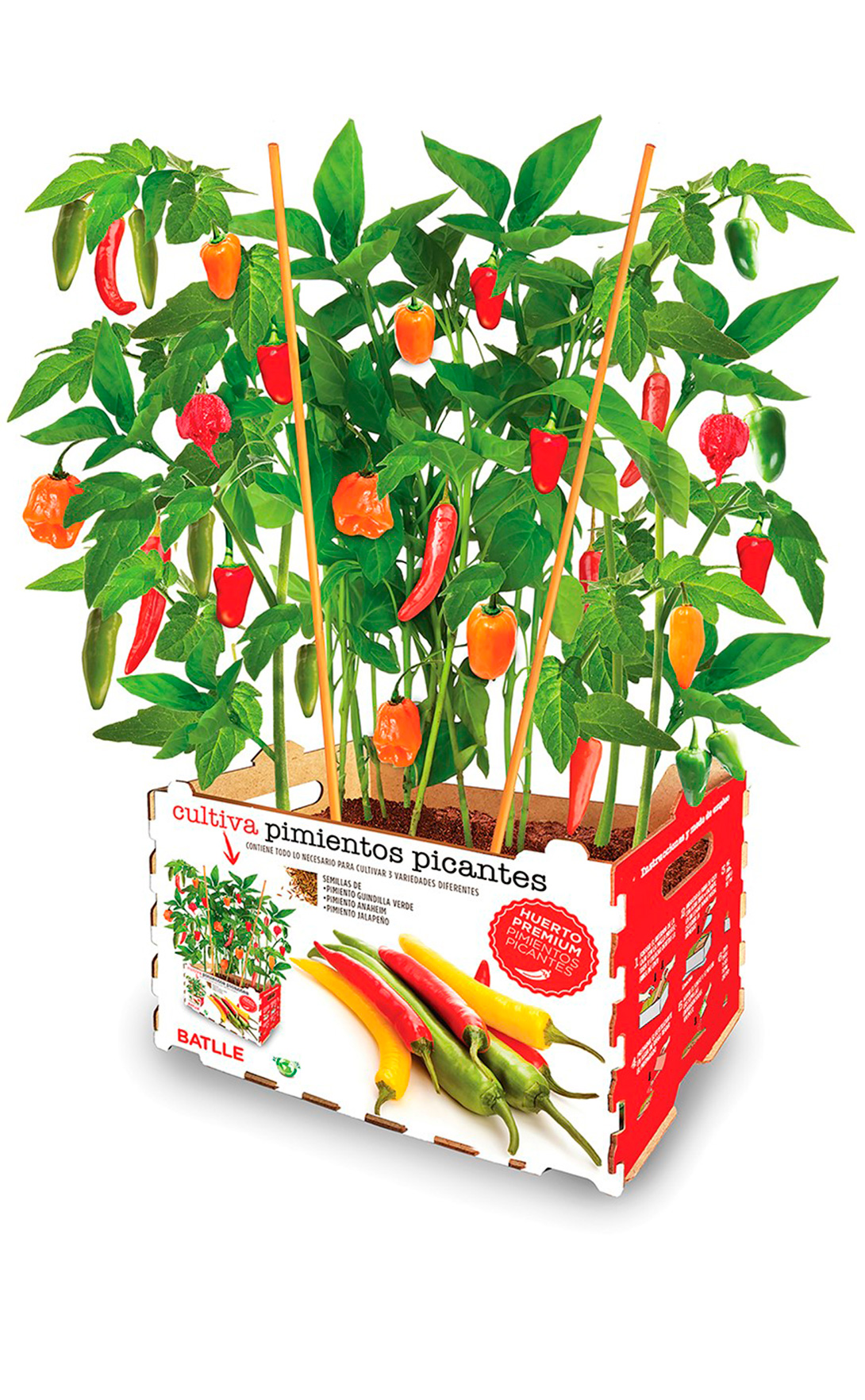 Huerta Premium Mix Pimientos Picantes planta de pimentos picantes em caixa com texto em espanhol