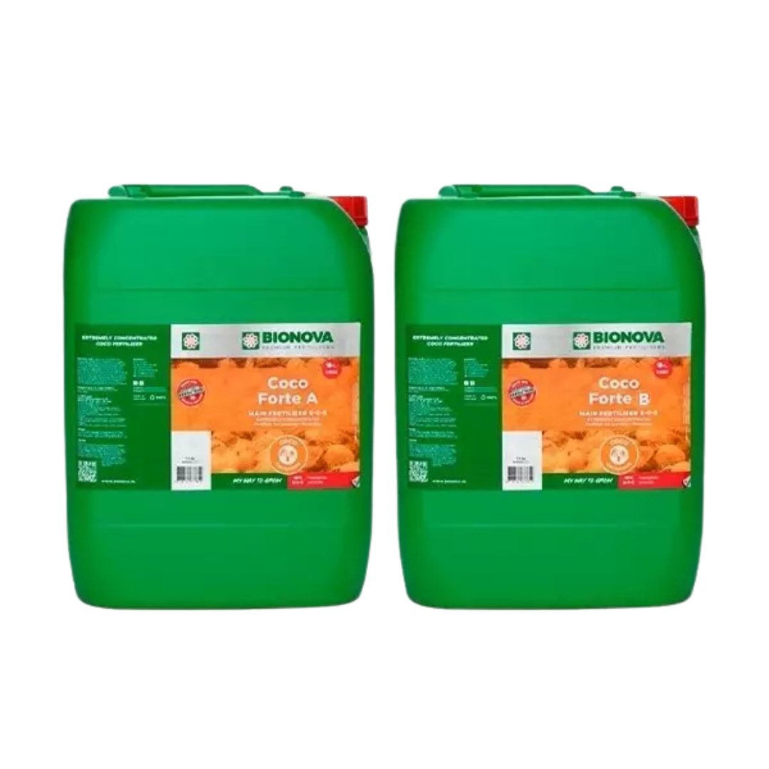 Coco Forte A + B Coco - 10 Litros Dois contentores verdes com rótulos Bionova Coco Forte A e Coco Forte B