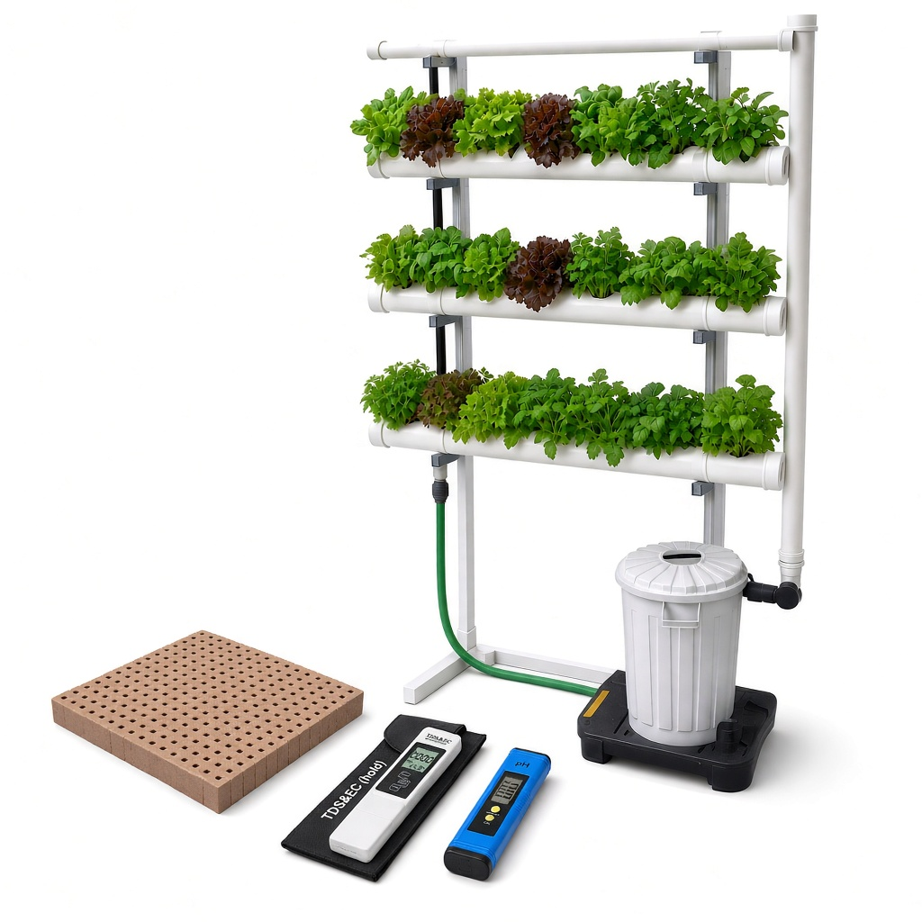 Pack Hydro 40 Vertical Fijo – Kit Hidroponía Vertical 40 Plantas Sistema hidropónico con plantas verdes y rojas, medidores digitales y tanque en fondo blanco.