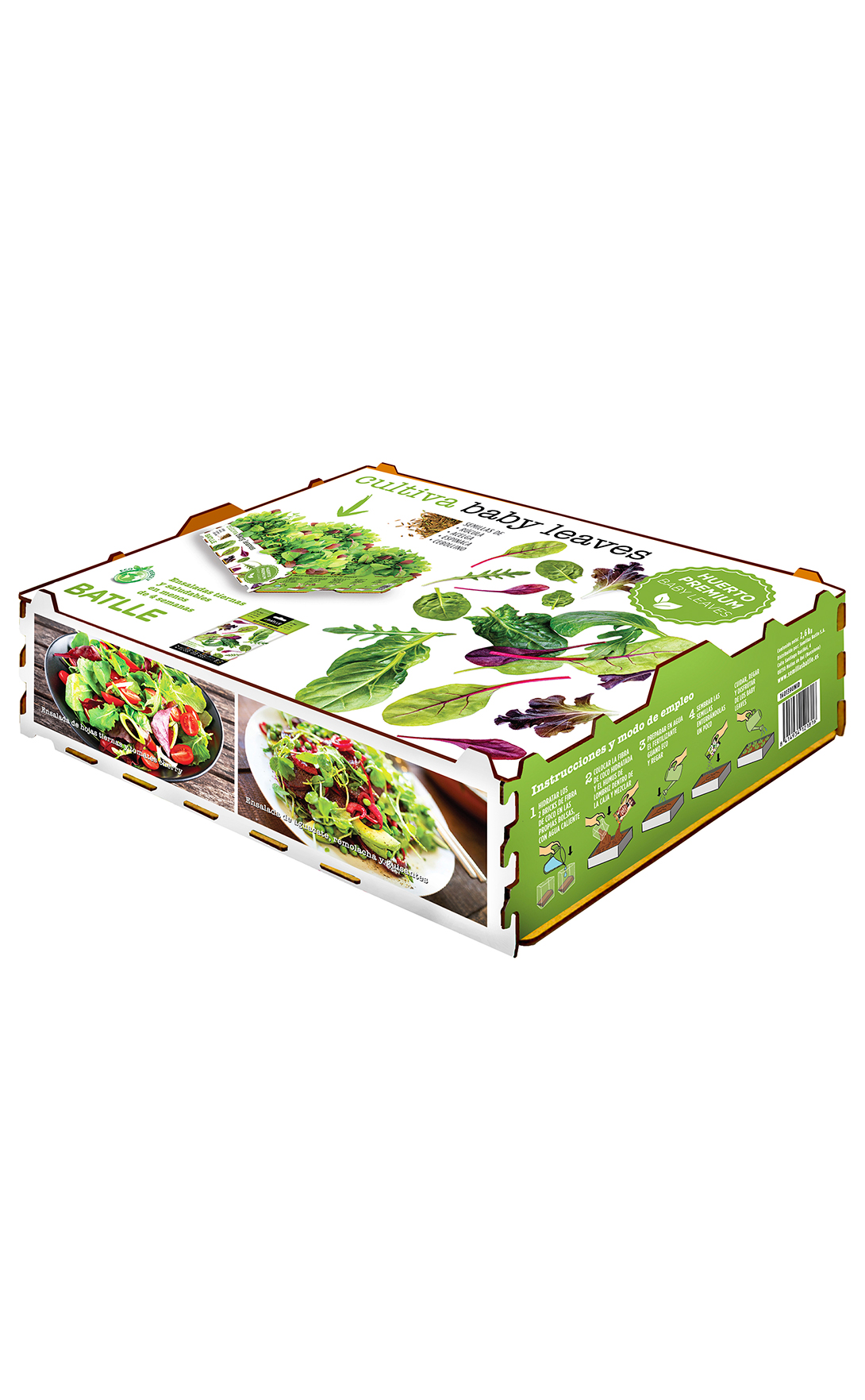 Huerta Premium Mix Baby Leaves Caixa de cultivo de ervas Baby Leaves com imagens de folhas verdes.