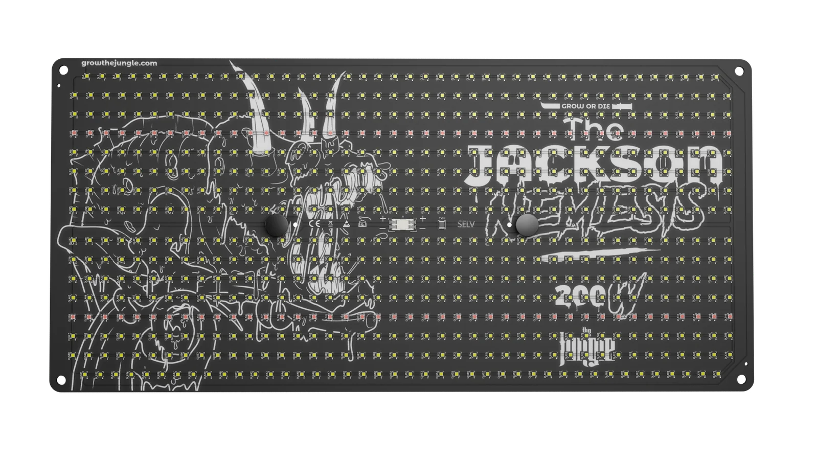 The Jackson Nemesis 200 W Panel LED negro con dibujo animal y texto Jackson Reyes 200W