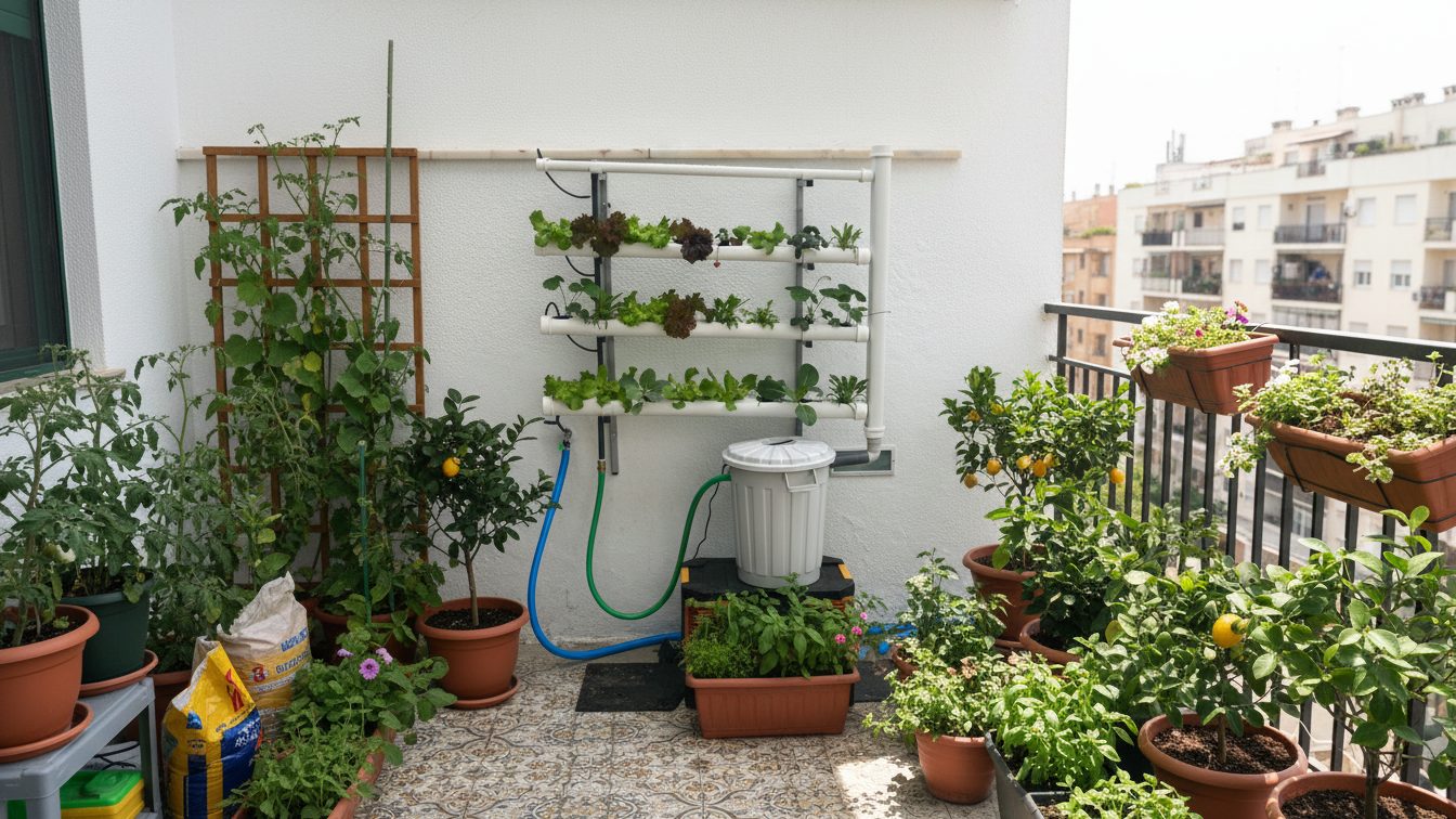 Pack Hydro 40 Vertical Fijo – Kit Hidroponía Vertical 40 Plantas Plantas en macetas y sistema hidropónico en un balcón con barandilla y edificios al fondo