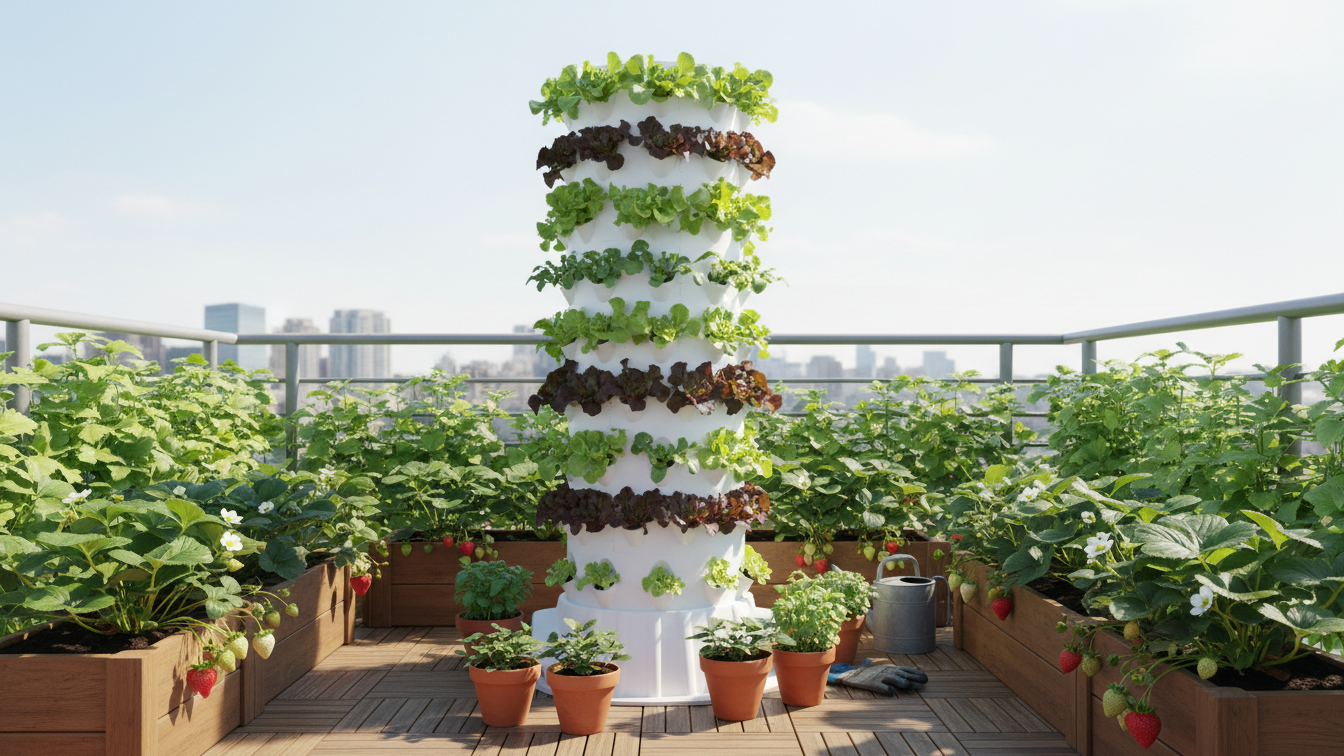 Torre Aeroponía - 120 plantas Torre hidropónica blanca con lechugas y fresas en terraza urbana
