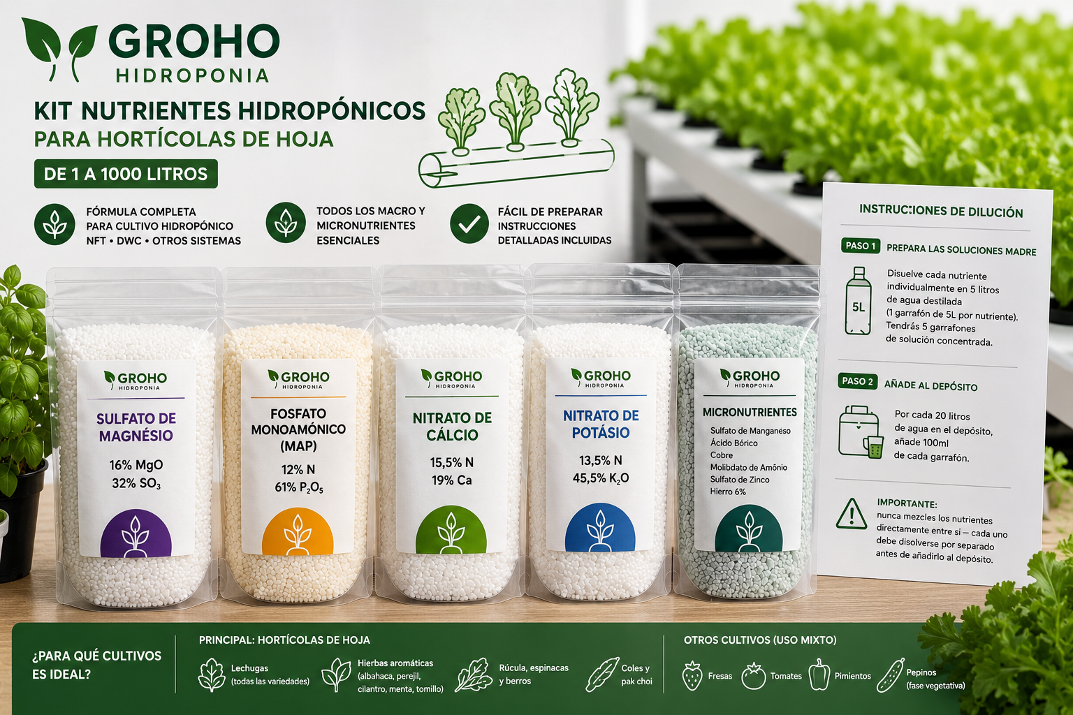 Kit de Nutrientes para Hortalizas de Hoja — 1 a 1000L Kit nutrientes hidropónicos GROHO con cinco bolsas de nutrientes y hoja de instrucciones frente a plantas verdes
