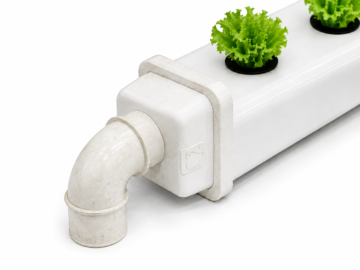 Codo de Conexión Rápida para Perfil de Semillero 49mm Usado Sistema hidropónico con tubos blancos y plantas de lechuga verde