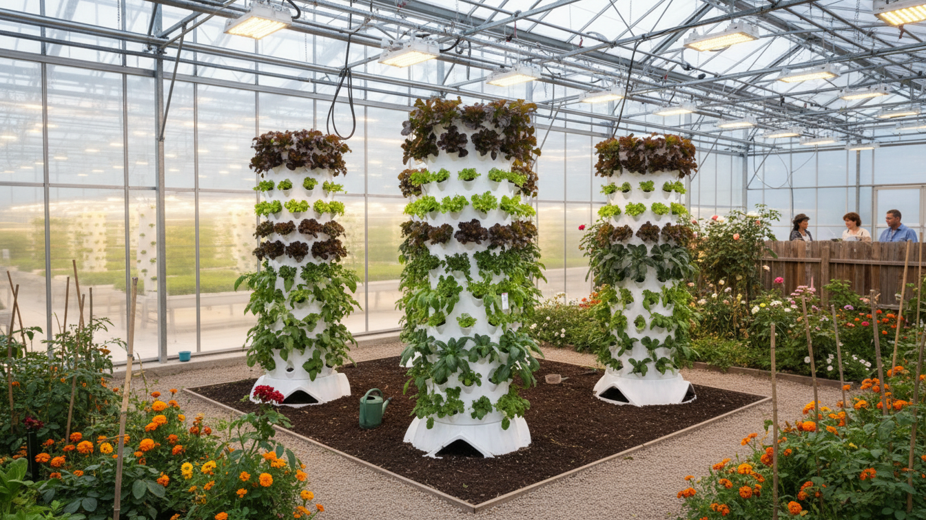 Torre Aeroponía - 120 plantas Invernadero con torres de cultivo vertical y plantas variadas