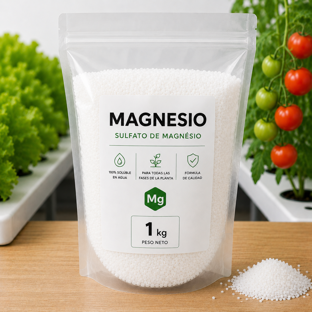 Sulfato de Magnesio 1kg Bolsa de gránulos blancos de sulfato de magnesio con etiqueta y plantas en el fondo
