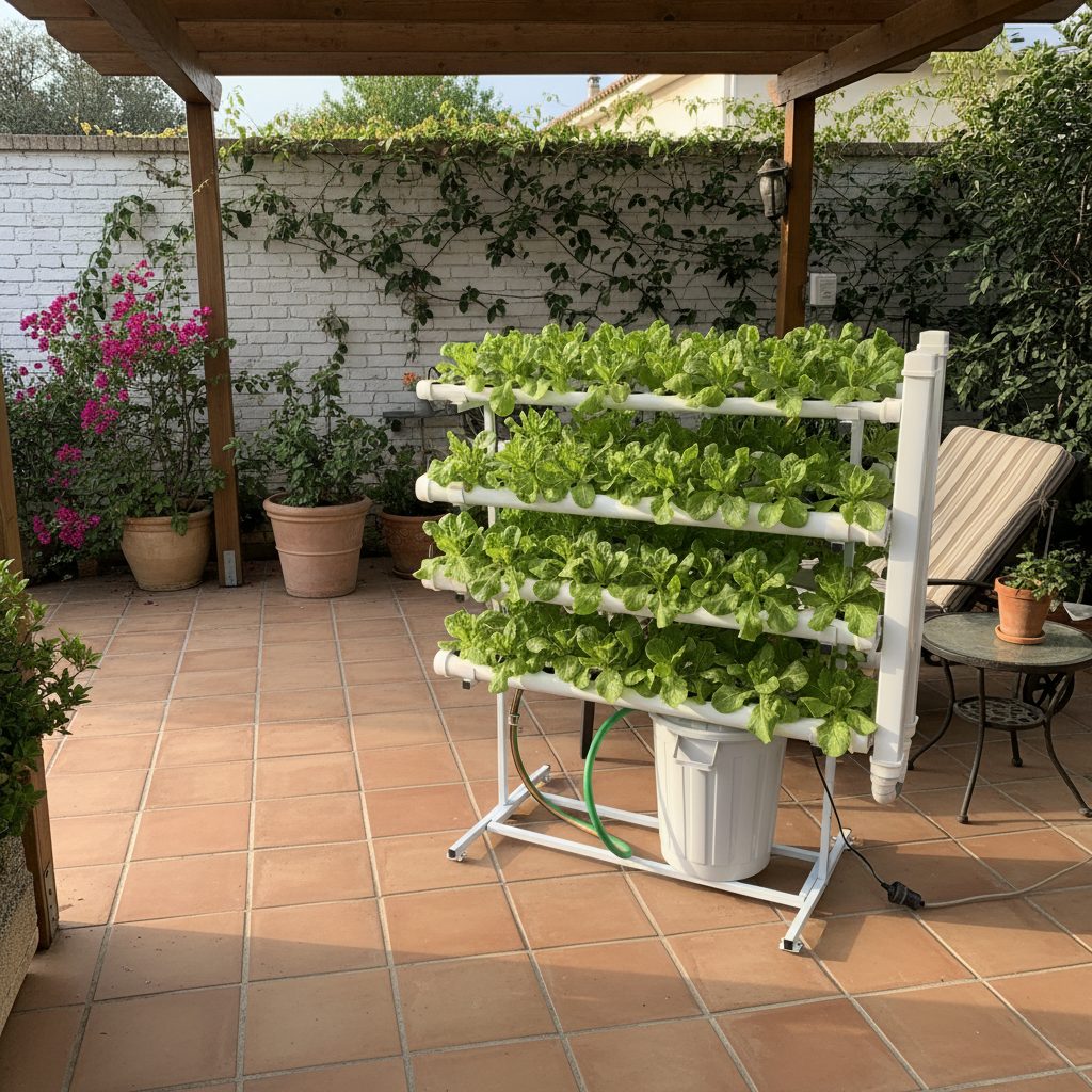 Pack Hydro 70 Vertical Móvil – Kit Hidroponía Vertical 70 Plantas Sistema hidropónico con plantas verdes en patio con baldosas terracota y macetas alrededor