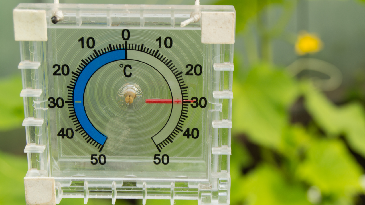 Termómetro analógico quadrado transparente com escala de temperaturas Celsius e fundo azul e transparente