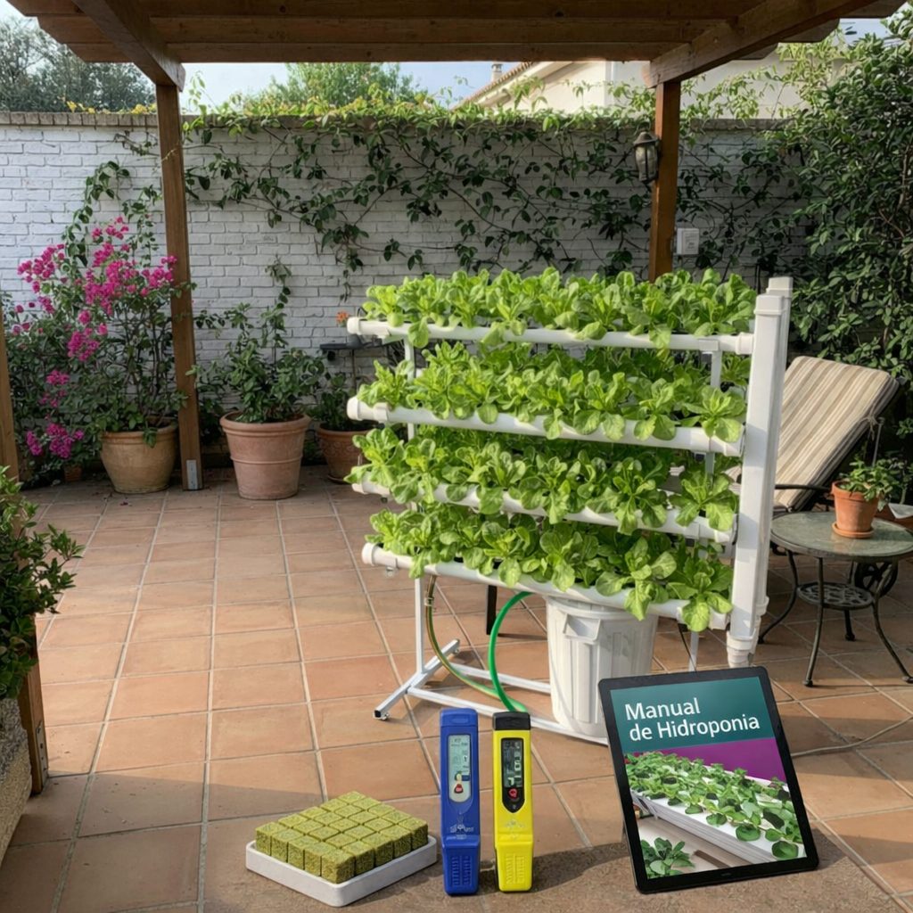 Pack Hydro 70 Vertical Móvil – Kit Hidroponía Vertical 70 Plantas Sistema hidropónico con plantas verdes y herramientas en terraza con suelo de baldosas.