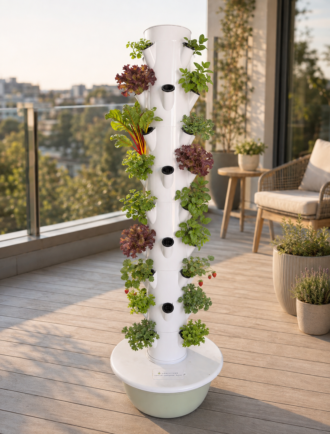 Torre de Hidroponía para 36 Plantas Torre de cultivo hidropónico vertical blanca con plantas en macetas pequeñas en balcón con muebles.