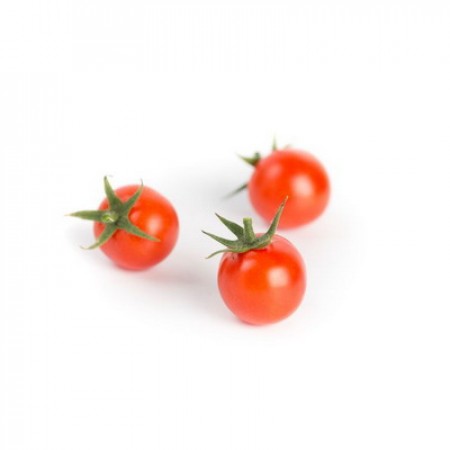 Tomate Cherry MIRANTE Tomates-cereja vermelhos com caules verdes sobre fundo branco