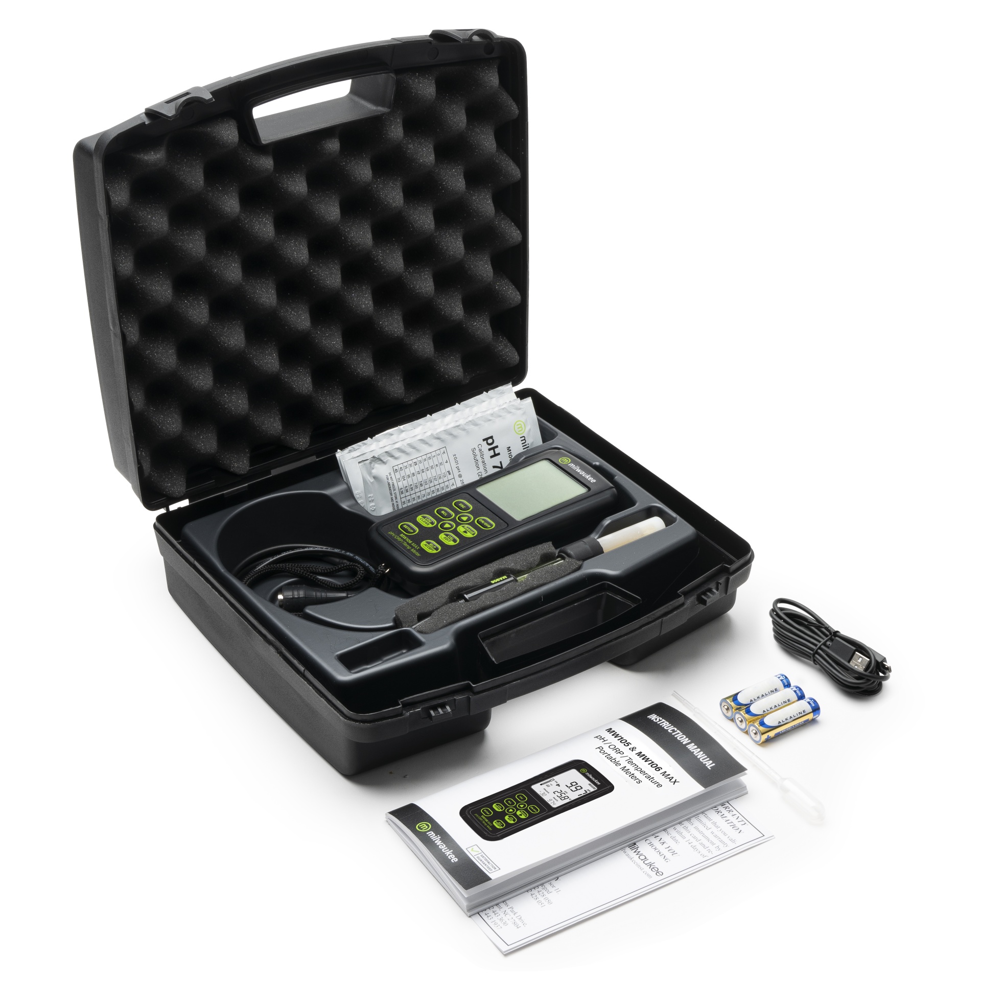 Medidor Combo PH + ORP + Temp / logger - MW106 Kit medidor digital com acessórios e manual dentro de caixa acolchoada preta