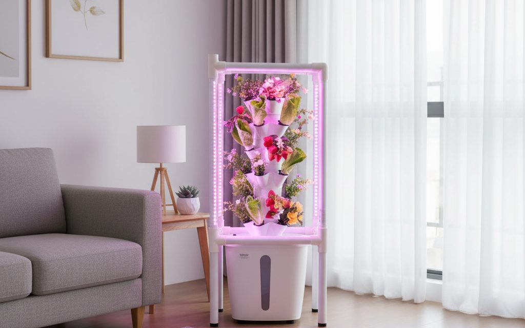 Unidad de cultivo vertical blanca con luces LED y plantas junto a sofá y mesa en sala con cortinas blancas