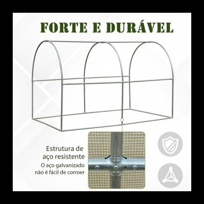 Suporte metálico de aço galvanizado com três arcos e texto informativo
