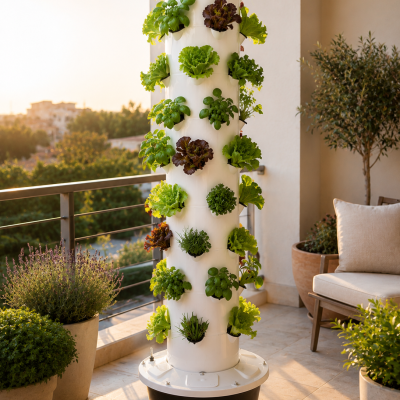 Jardín vertical hidropónico con plantas verdes y moradas en balcón