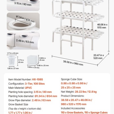estructura blanca de cultivo hidropónico de 3 niveles con detalles de dimensiones y accesorios