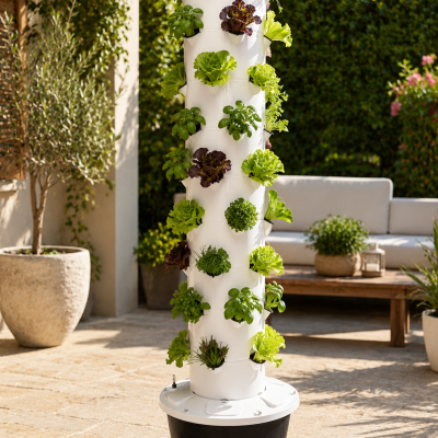 Huerto vertical blanco con plantas verdes en patio exterior con maceta y mobiliario de jardín