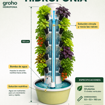 Torre hidroponia vertical blanca con plantas y base beige.