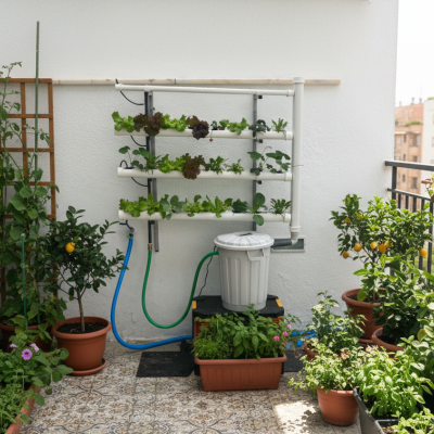 Varanda com plantas em vasos, sistema de cultivo vertical branco e sacos de substrato