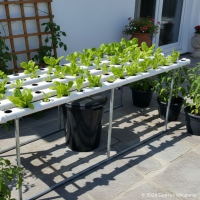 Mesa de cultivo hidropónico con plantas verdes en patio con macetas y puerta de vidrio.