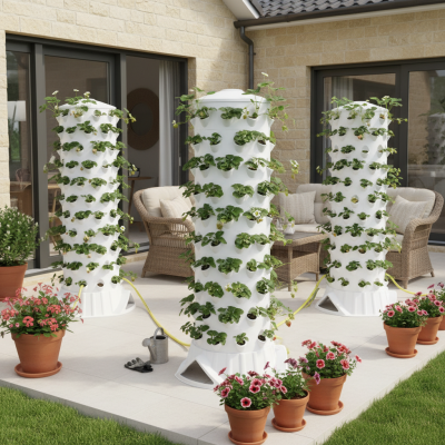 Torres blancas de cultivo vertical con plantas y flores en patio con macetas y muebles de mimbre