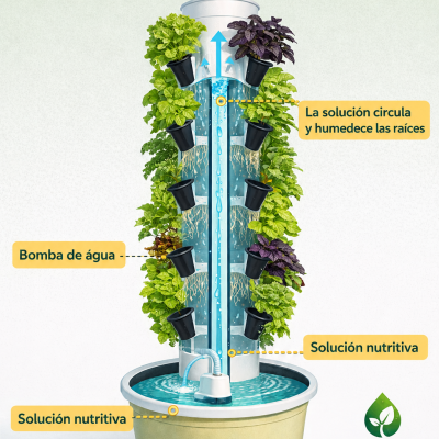 Torre de hidroponía con plantas y sistema de riego