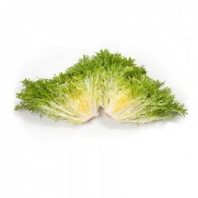 Duas metades de alface frisada verde e amarela sobre fundo branco