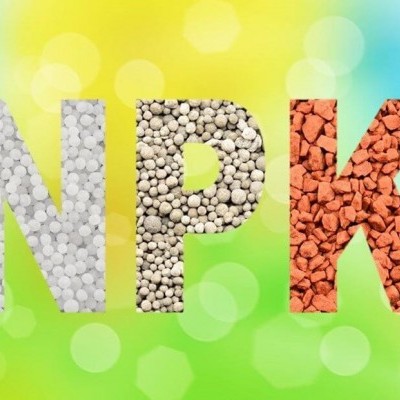 Letras N, P, K formadas por pellets coloridos sobre fundo desfocado colorido.