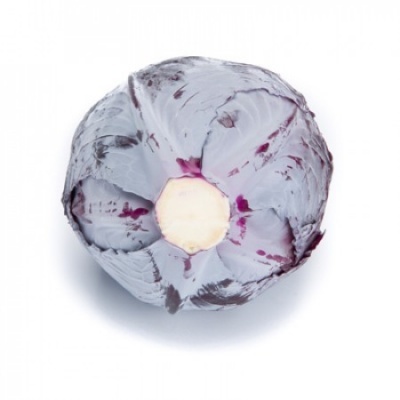 Repolho roxo visto de cima com folhas em tons de roxo e lilás