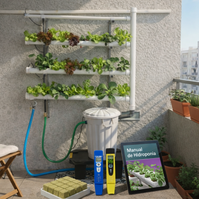 Sistema hidropónico vertical con plantas verdes, medidores digitales y manual en tableta en balcón urbano