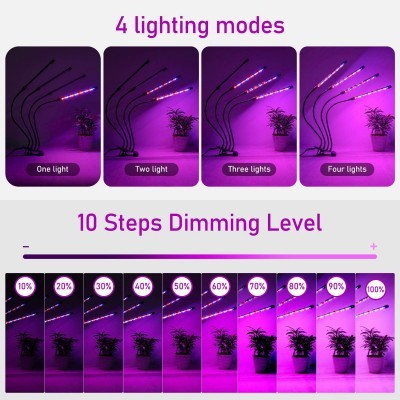 Lâmpadas LED para plantas com modos de luz e níveis de dimmer.