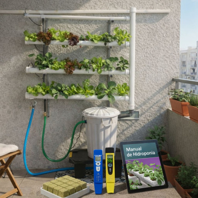 Sistema hidropónico con plantas verdes en tuberías y tablet con texto Manual de Hidroponía en un balcón con macetas y silla de madera.