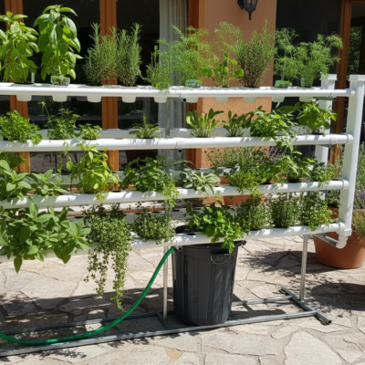 Sistema de cultivo hidropónico con tubos blancos y plantas verdes en patio de piedra
