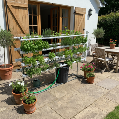 Jardín vertical hidropónico en patio con plantas verdes y muebles de madera