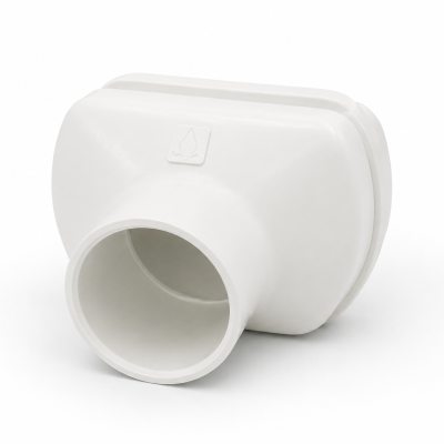 Codo o adaptador de tubería de plástico blanco con símbolo de gota de agua
