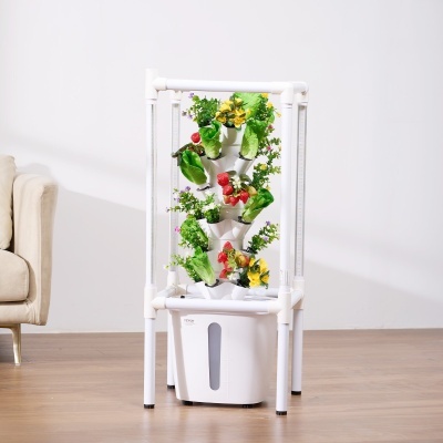 Torre de cultivo hidropónico blanca con plantas y fresas en interior junto a sofá beige