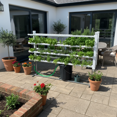 Sistema de cultivo hidropónico blanco con plantas verdes en terraza con macetas y muebles de mimbre