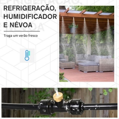 Sistema de nebulização exterior numa varanda com móveis de jardim e texto promocional