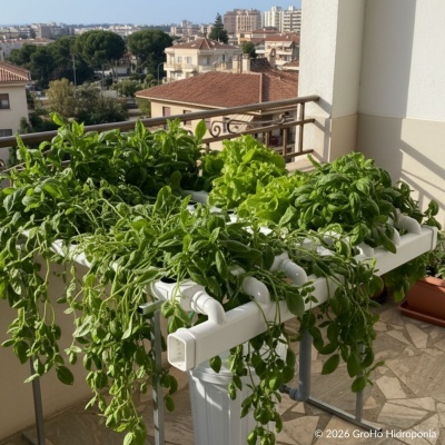 Cultivo hidropónico con plantas verdes en terraza urbana.