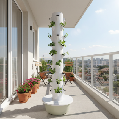 Torre de cultivo hidropónico vertical blanco con plantas verdes en balcón urbano con sillas y flores