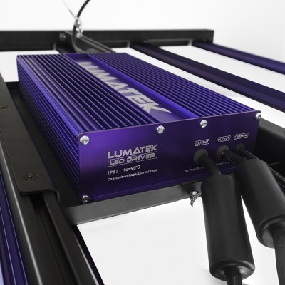 Fonte de alimentação LED Lumatek roxa com cabos pretos numa estrutura preta e branca