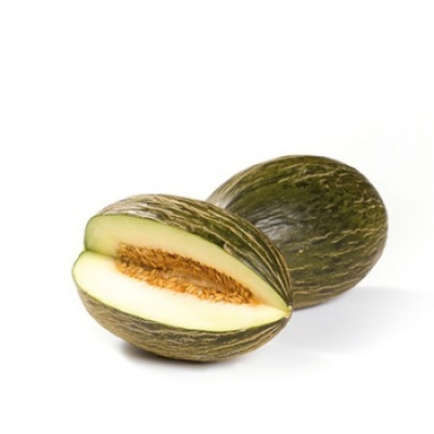 Melões Piel de Sapo, um inteiro e outro cortado ao meio