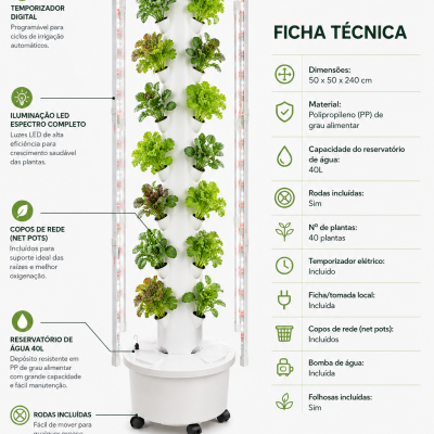 Sistema de hidroponía vertical blanco con plantas verdes y luces LED rojas en los lados